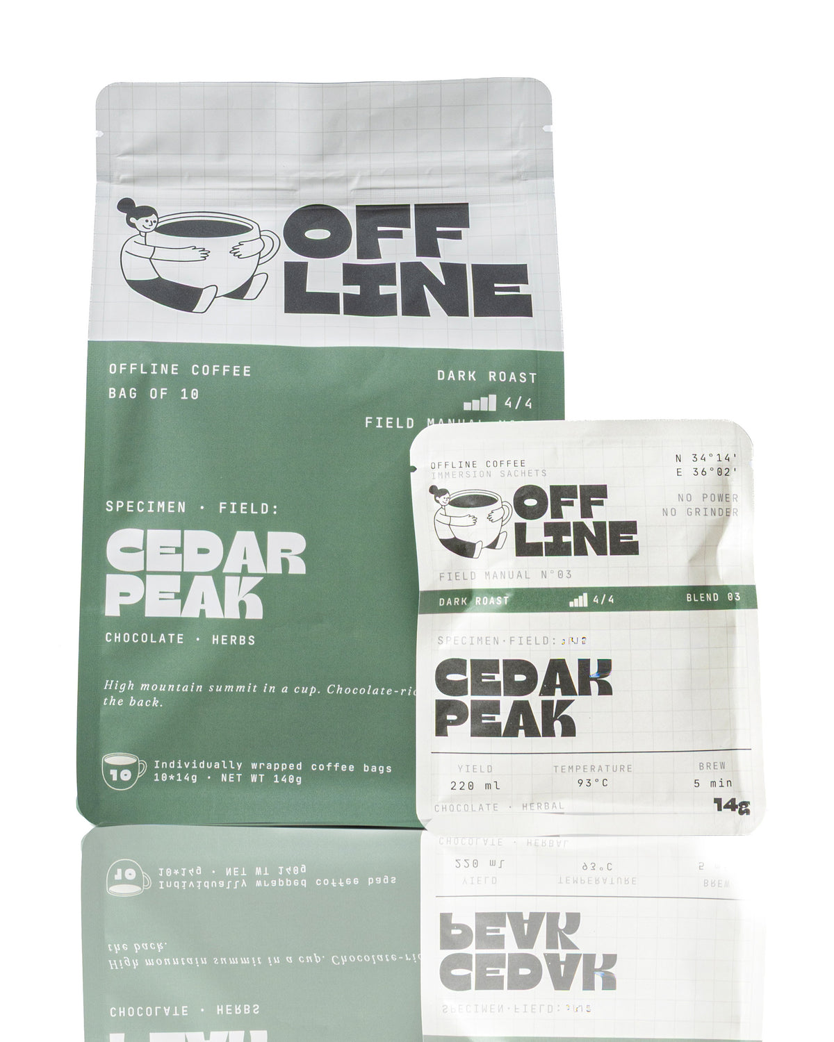Cedar Peak coffee bag with individual sachet, front view