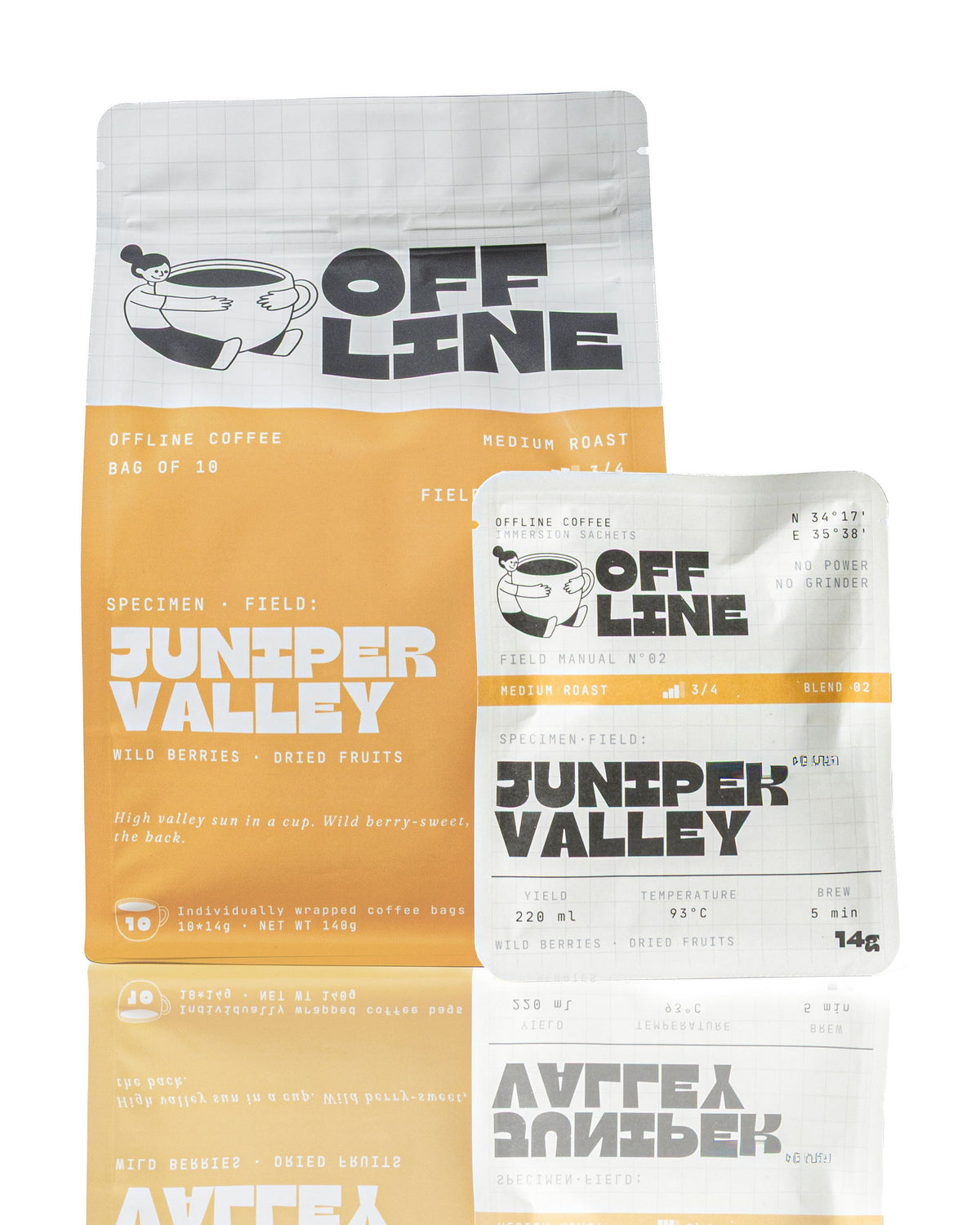Juniper Valley coffee bag with individual sachet, front view